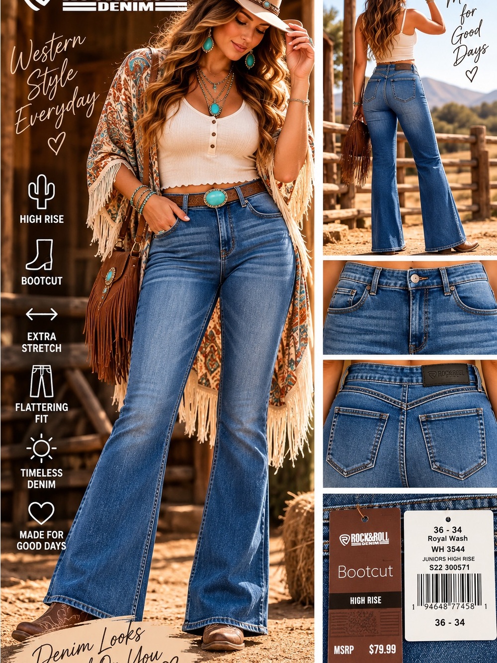 Rock & Roll Denim High Rise Bootcut Jeans NWT | 36x34 | Royal Wash | MSRP $79.99